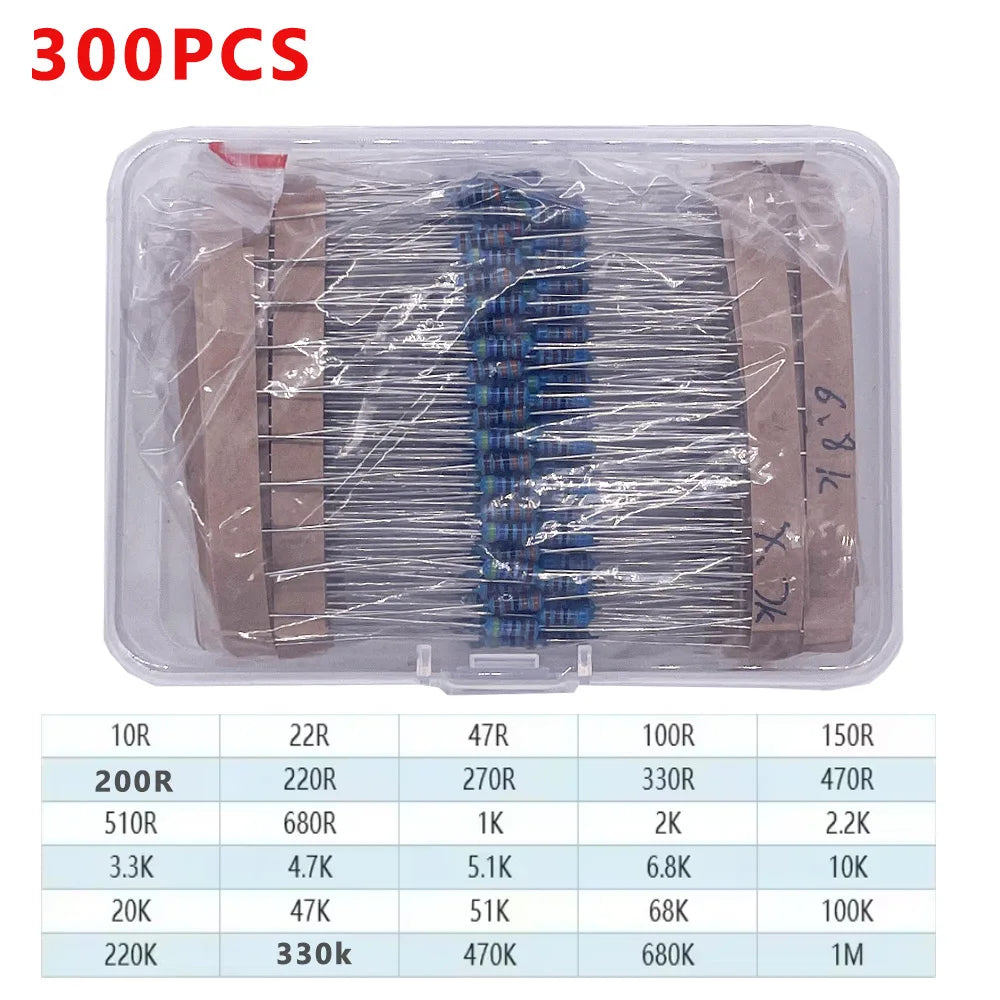 300/600/2600pcs 1% Resistor Set Resistance 1/4W Metal Film Resistors Kit 10Ohm ~1M Ohm 30/130Values Electronic Components Kit