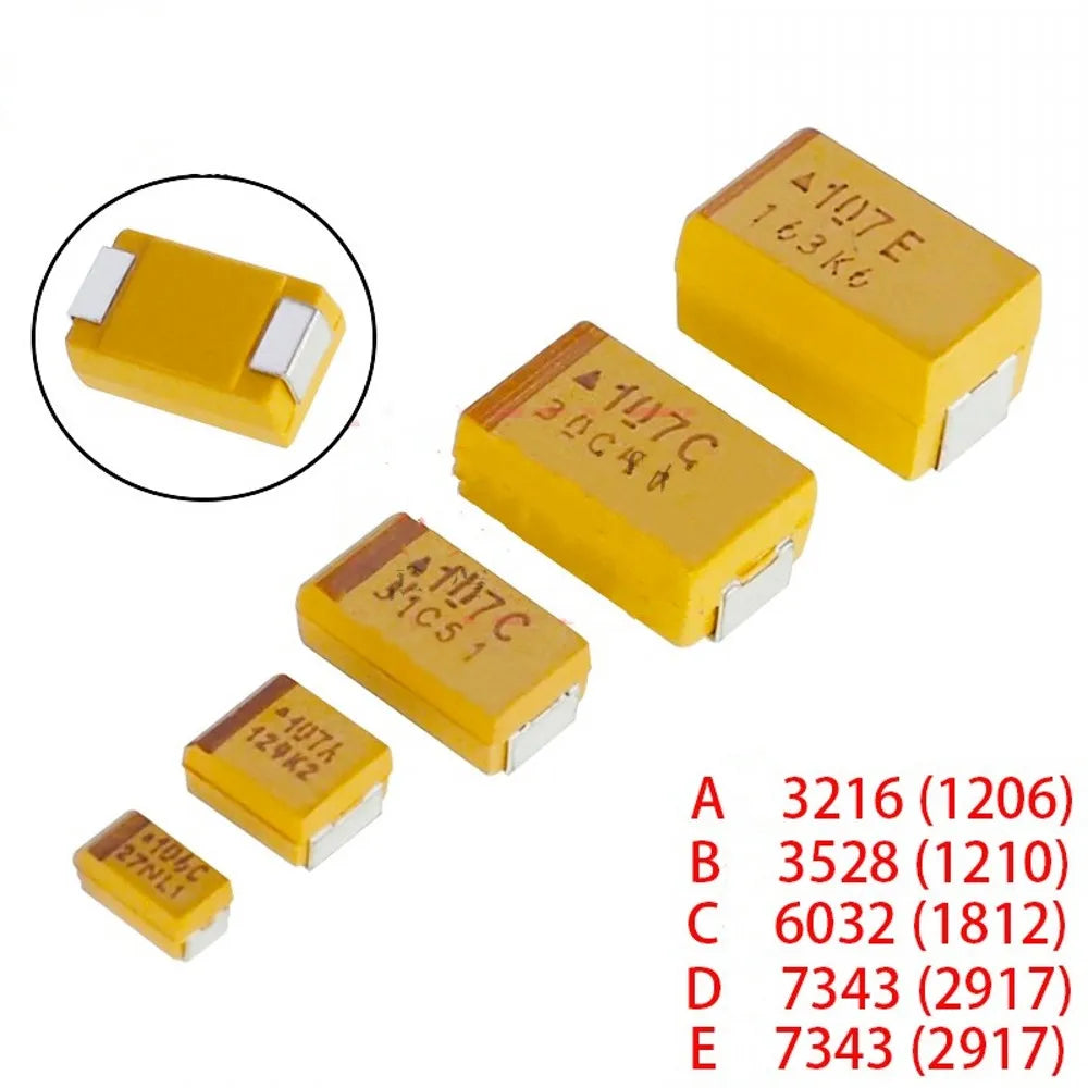 50pcs A B C D Case SMD Tantalum Capacitor 6V 10V 16V 25V 35V 50V 0.1UF 1UF 2.2UF 4.7UF 10UF 22UF 33UF 47UF 100UF 220UF 330UF 470