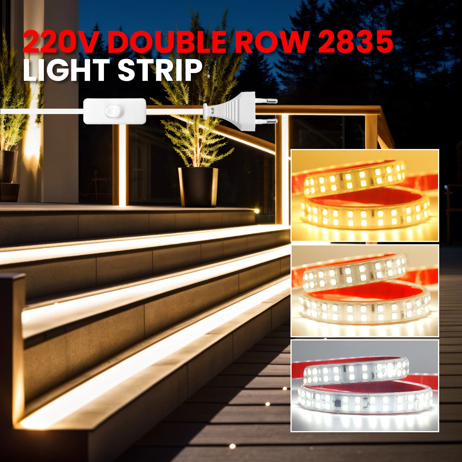 AC 220V LED Strip Waterproof 240Leds/M 3000K 4000K 6000K Home Decor Self Adhesive Tape Chain Light Flexible Ribbon Strip