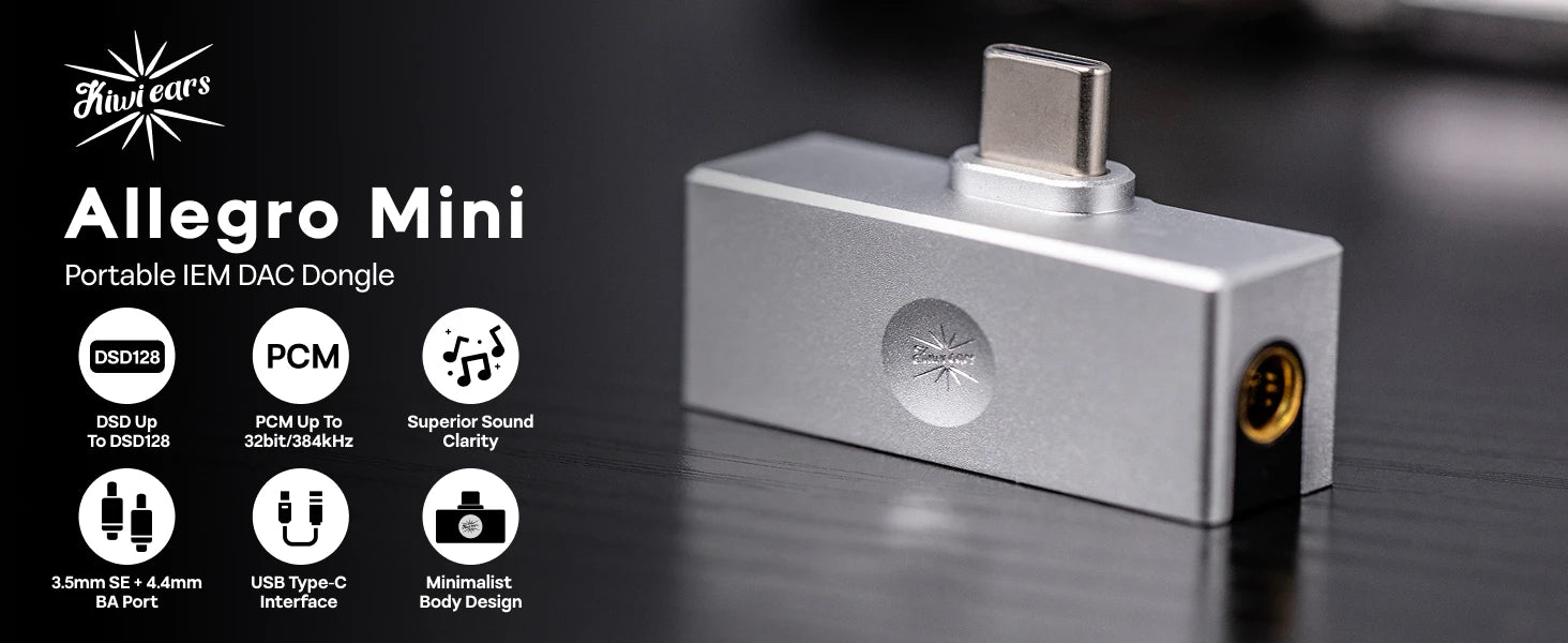 Linsoul Kiwi Ears Allegro Mini High-Fidelity Portable DAC USB C to 3.5/4.4mm Output with High Resolution 32bit/384kHz HiFi Amp