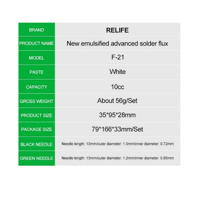 RELIFE F-21 10CC Lead-free and Halogen-free Tin Soldering Paste For PCB Rework Welding Flux Syringe Type Emulsified Solder