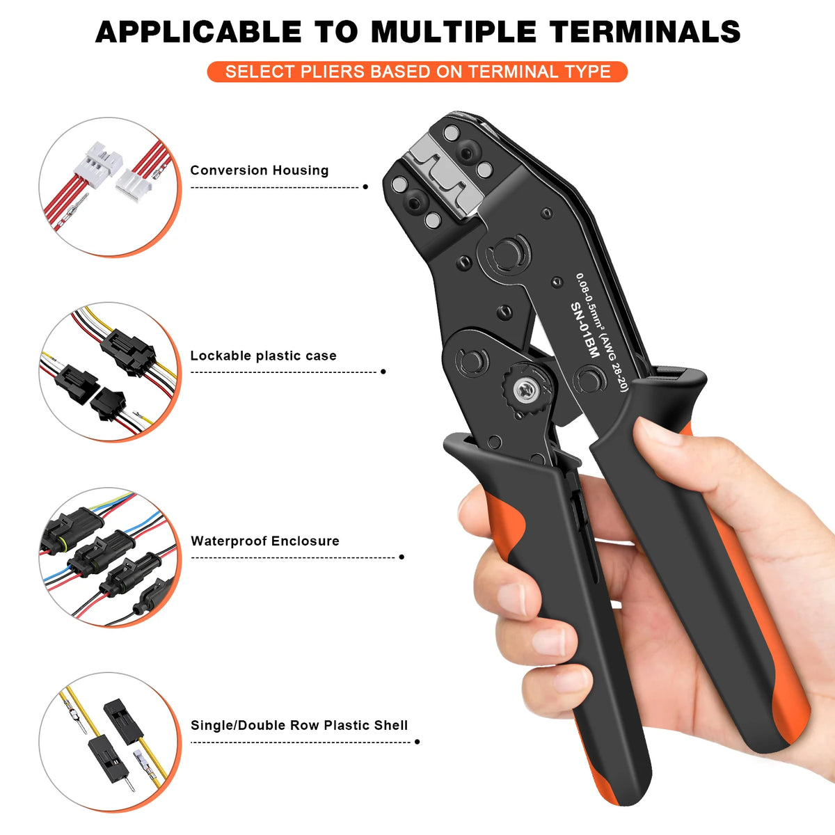 SN-01BM/03BM Wire Crimping Plier Micro Pin Connector Crimper, AWG 28-20/28-26 for JST XH, PH, SH, Molex KK, D-sub Terminals