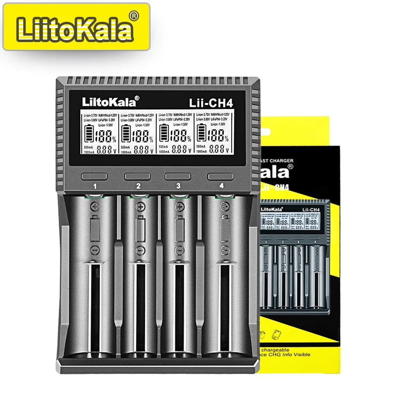 LiitoKala Lii-CH4 Smart Charger for 18650/21700/26650/AA/AAA/Ni-MH/Li-ion,1.2V/1.5V 4-Slot Fast Charge, USB-C, Auto Detect