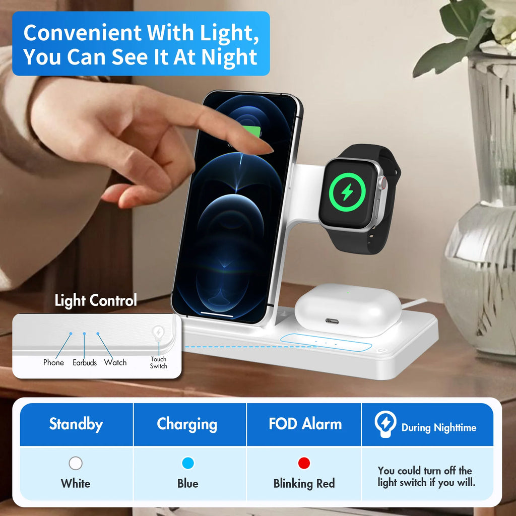 15W Magnetic Wireless Charger 3 In 1 Fast Charging Station Travel Foldable for Magsafe iPhone 1716/15/14 Apple Watch AirPods Pro