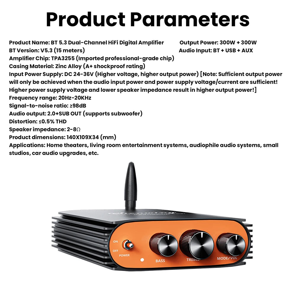 DC 24-36V YS-KL5 BT 5.3 Dual Channel HiFi Digital Amplifier 300W+300W Dual Channel Amplifier Board TPA3255 Chip