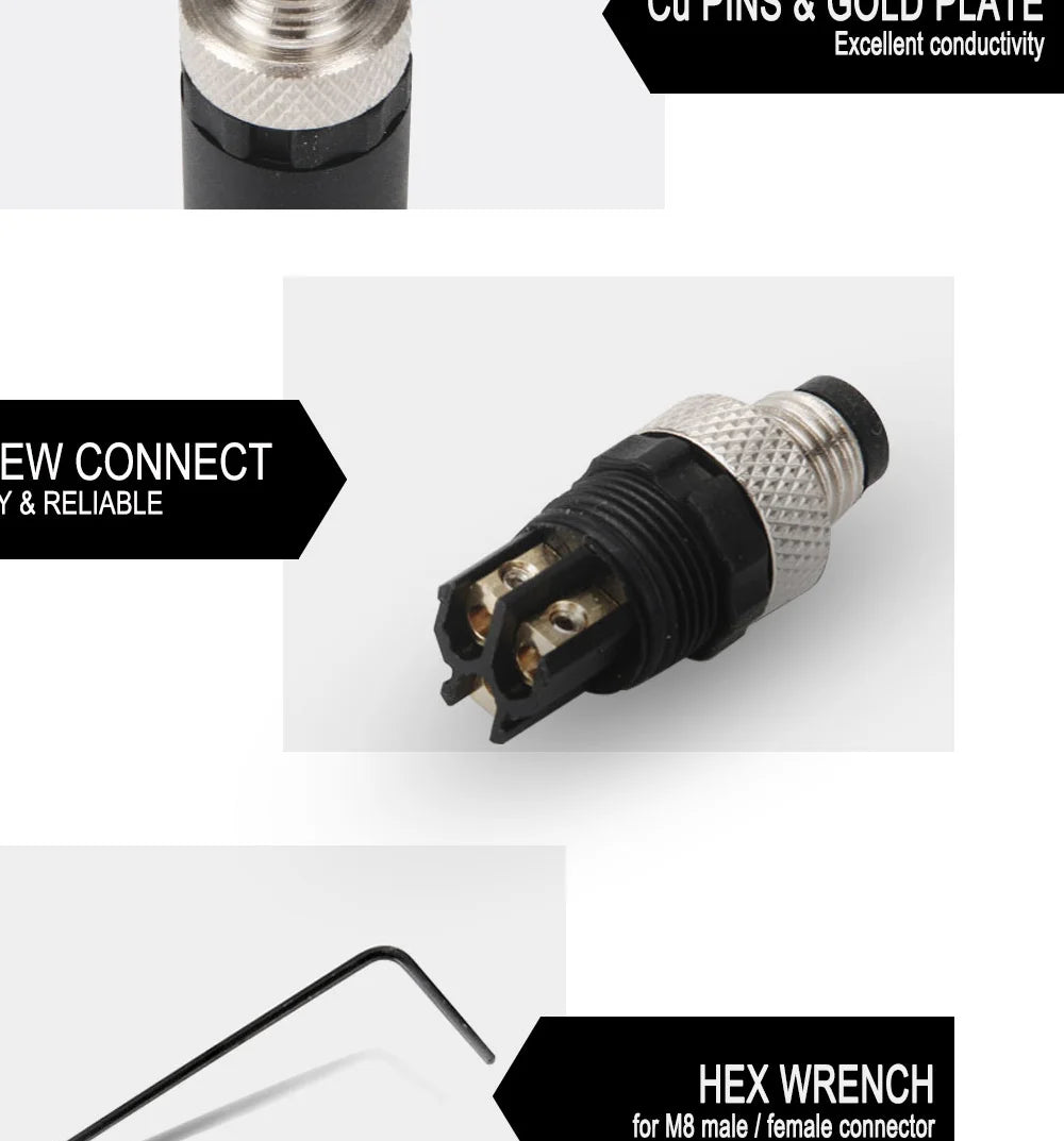 Cloweit M8 Sensor Connector Waterproof Male&Female Plug Straight Angle Screw Threaded Coupling 3pin 4p Panel Mount Flange Socket