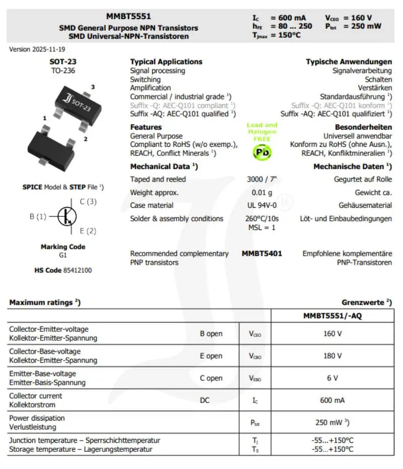 50 Pcs MMBT3904 MMBT3906 MMBT5551 MMBT5401 SOT-23 SMD BJT Transistor 40V-160V Used For Switching Amplification Complex Pair