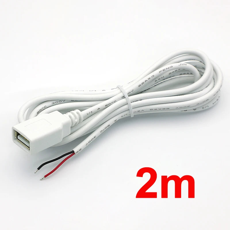 0.3m/1m/2m USB Power Supply Cable 2 Pin USB 2.0 A Female Male Charger Charging Cord Extension Connector DIY White Wire