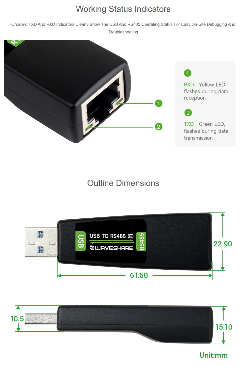 Waveshare USB To RS485 (E) Industrial-grade Isolated Bidirectional Converter, Onboard FT232RNL Chip, Isolated RS485 Transceiver