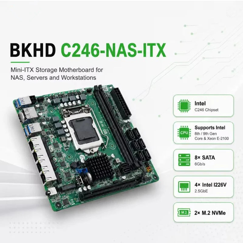 8-Bay C246 ITX NAS Motherboard 4x 2.5G LAN 2*M.2 NVME 8*SATA3.0 2*DDR4 PCIE 16X LGA1151 8th/9th Core Xeon Industrial Mainboard
