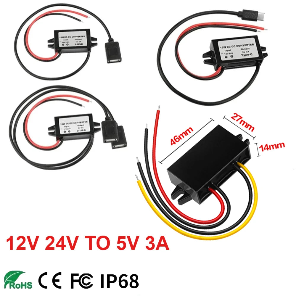 Waterproof 12V 24V to 5V 3A Converter DC-DC Step Down Module Power Adapter USB-A Female/Type C/dual USB/open Wire Connector
