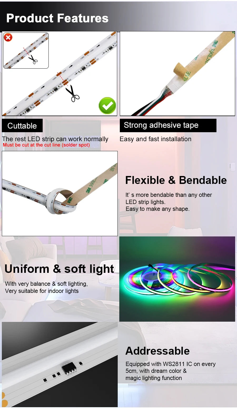 RGB-IC COB LED Strip with Tuya Wifi Controller 2.4G Remote Alexa Google Home Rainbow Color Addressable LED Tape 10m 20m 25m Kit