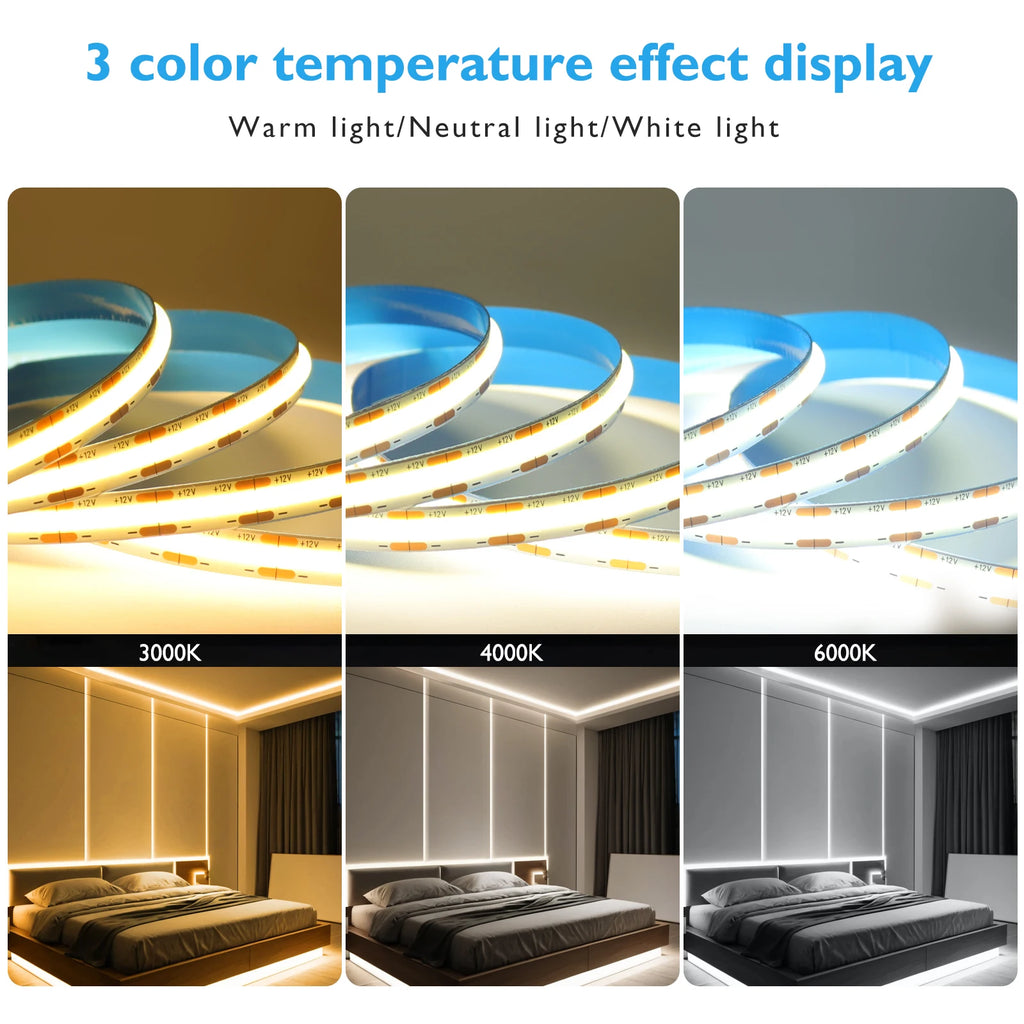DC12 24V COB LED Strip Light 528Leds/m Flexible Tape Ribbon High Density Linear Lighting 3000-6500K RA90 Led Lights Room Decor