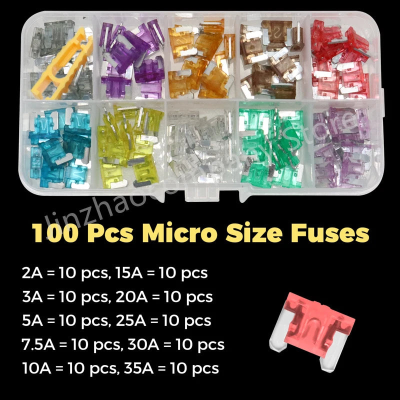 100/50pcs Car Truck Micro Blade Fuses 2A 3A 5A 7.5A 10A 15A 20A 25A 30A 35A AMP Plastic Box Assortment with Clip