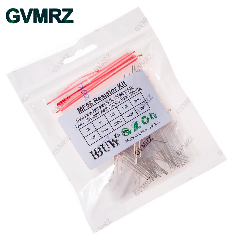 100PCS 10Values MF58 NTC Thermistor Kit 1K-1M 3950B for Temperature Sensing & Circuit Thermal Control Projects