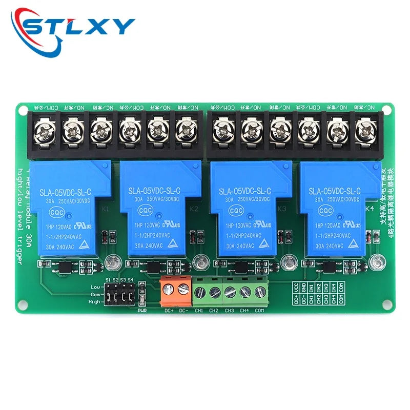 4-Channel Relay Module DC 5V/12V/24V High Low Level Triggers Smart Home PLC Automation Control 30A for Electronic Projects
