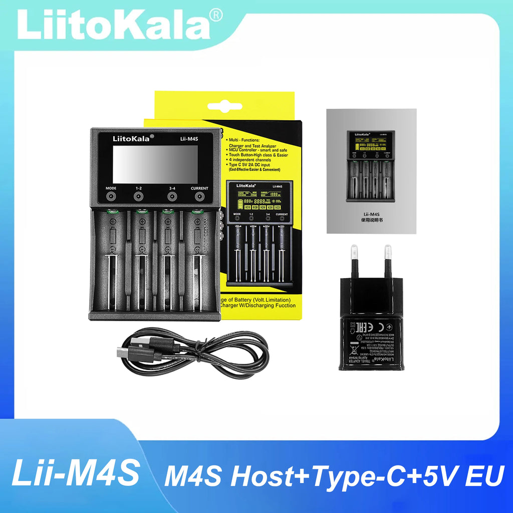 LiitoKala Lii-M4S 5V EU AU UK US Plug Battery Charger For 3.7V 18650 26650 21700 14500 18350 17500 1.2V AA AAA A C