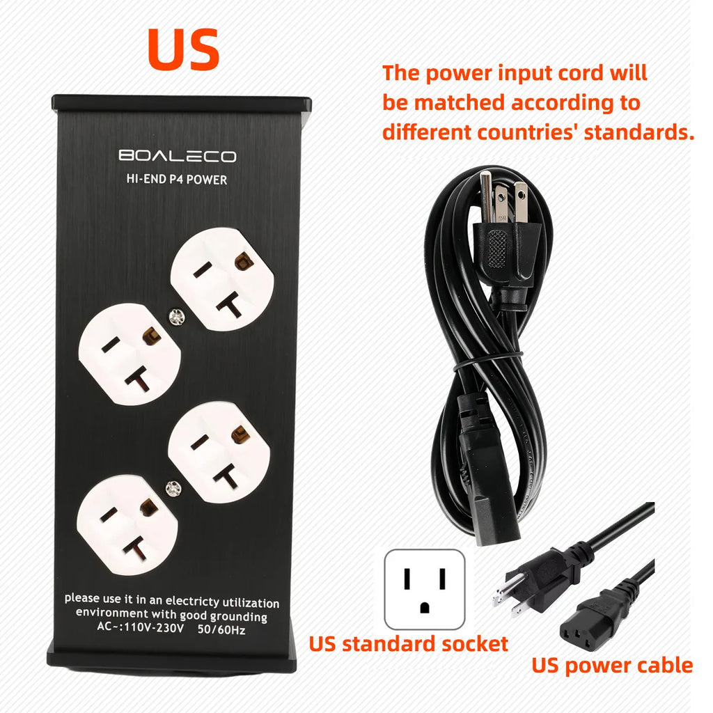 BOALECO P4 Hi-end US Plug HiFi Audio Power Filter Noise  Reduction AC Power Filter 110V-230V Purifier Surge Protection With VU