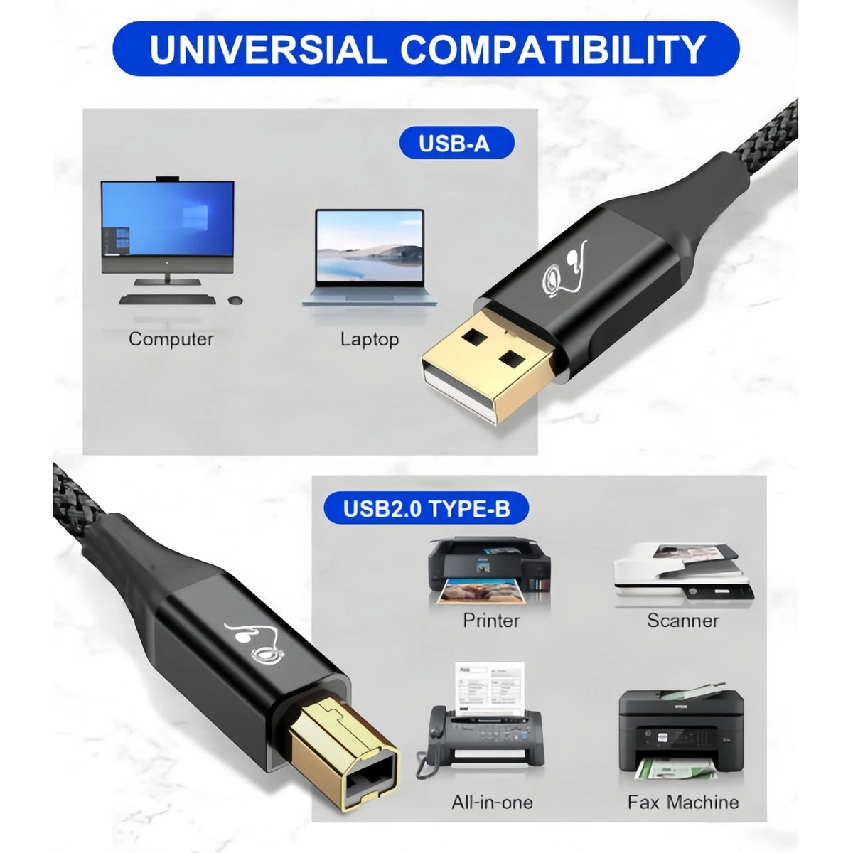 USB Type-A to USB Type-B 2.0 Cable, 480 Mbps Transfer Speed, Wear-Resistant with Gold-Plated Connectors, Plug-and-Play