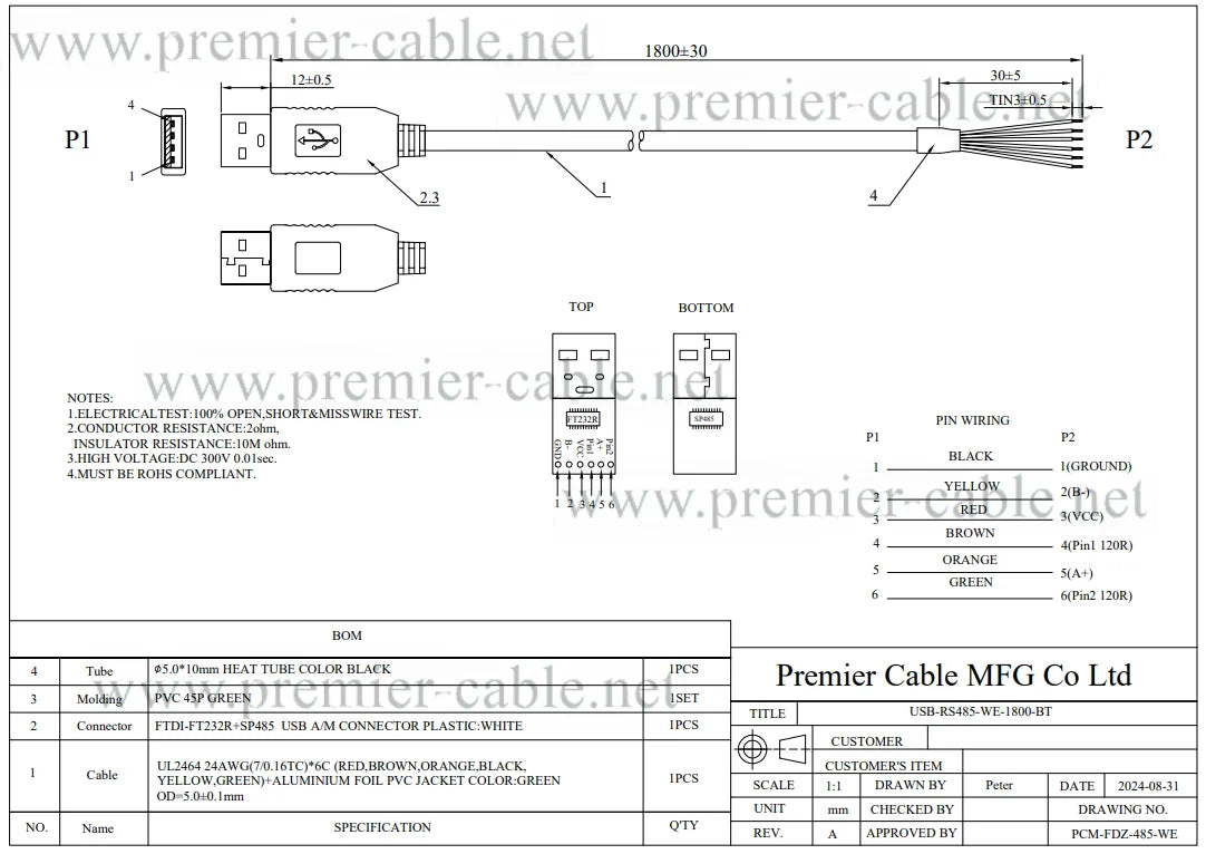 USB-RS485-WE-1800 Cable USB A to RS485 Serial Converter Cable Wire End Serial Cable with Chip RS485 Cable for Windows Android