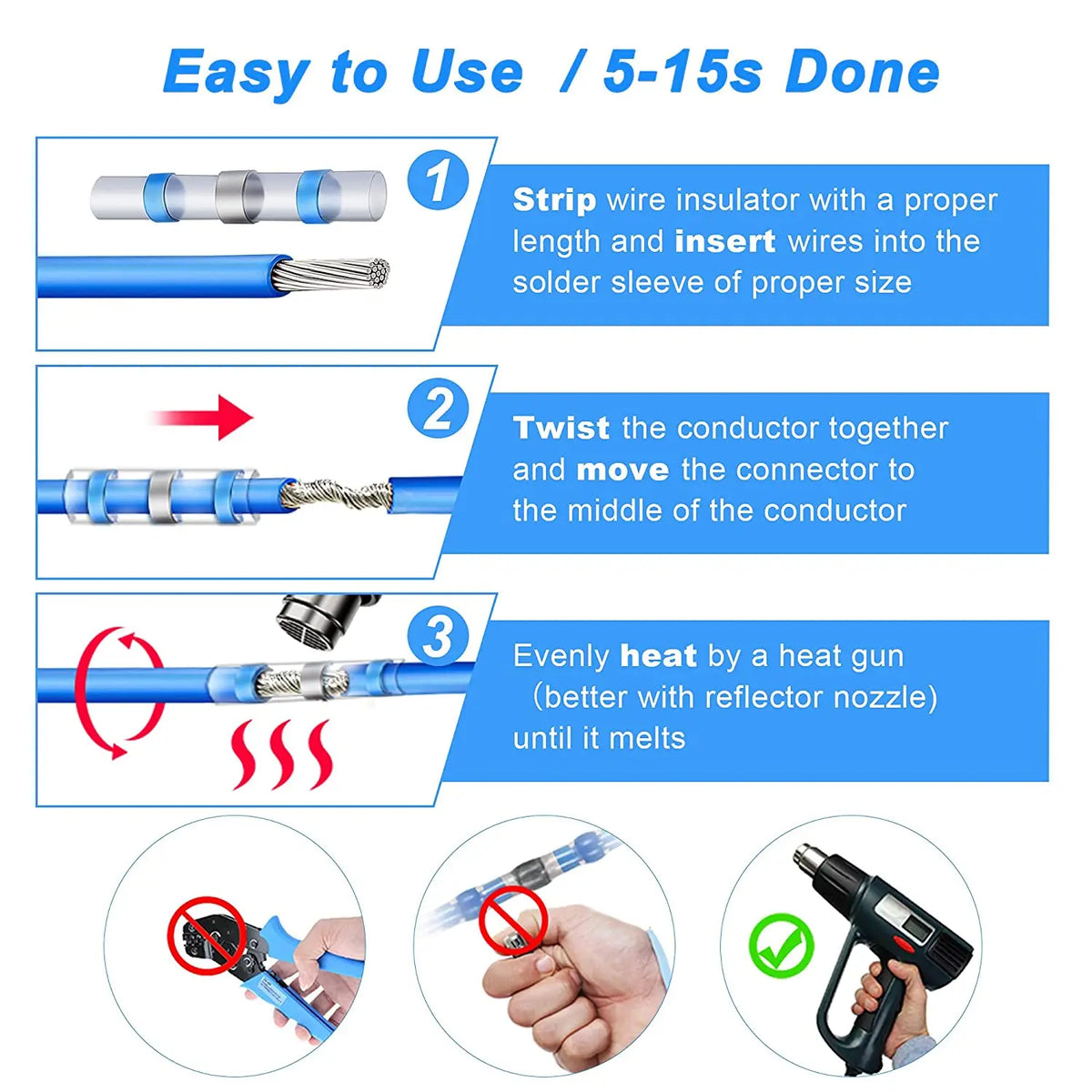 640/250PCS Waterproof Heat Shrink Butt Crimp Terminals Solder Seal Electrical Wire Cable Splice Terminal Kit with Hot Air Gun