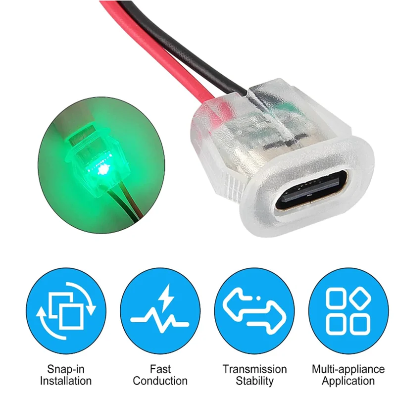 5/10pcs Type-C Female 2P Wire Type USB Connector Pigtail Cable Extension Power Cable Open End Connector Transparent with Light