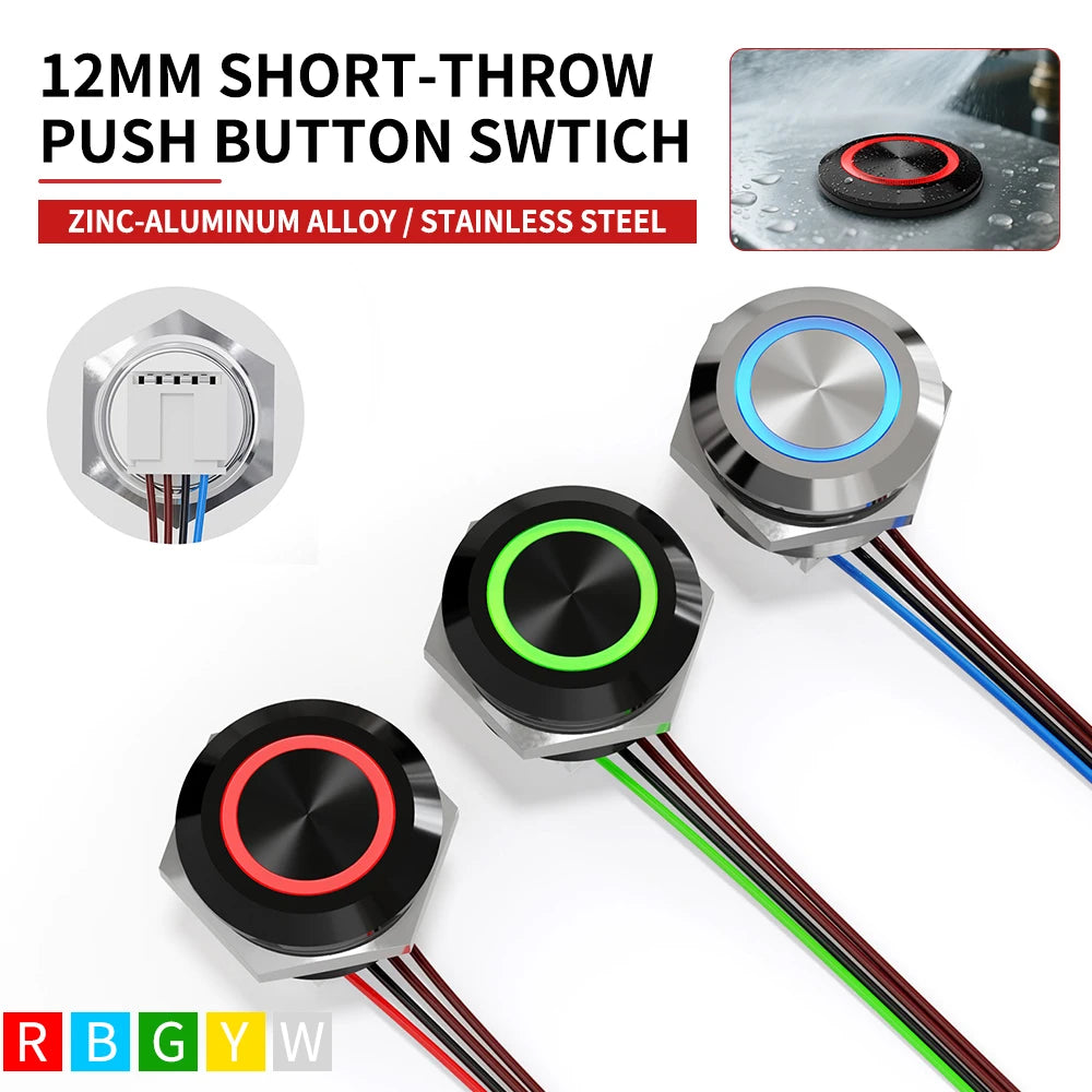 12mm Mini Metal LED Push Button Switch IP67 Waterproof Momentary 5-12-24V Short Stroke Push Button with Quick Connect Terminals