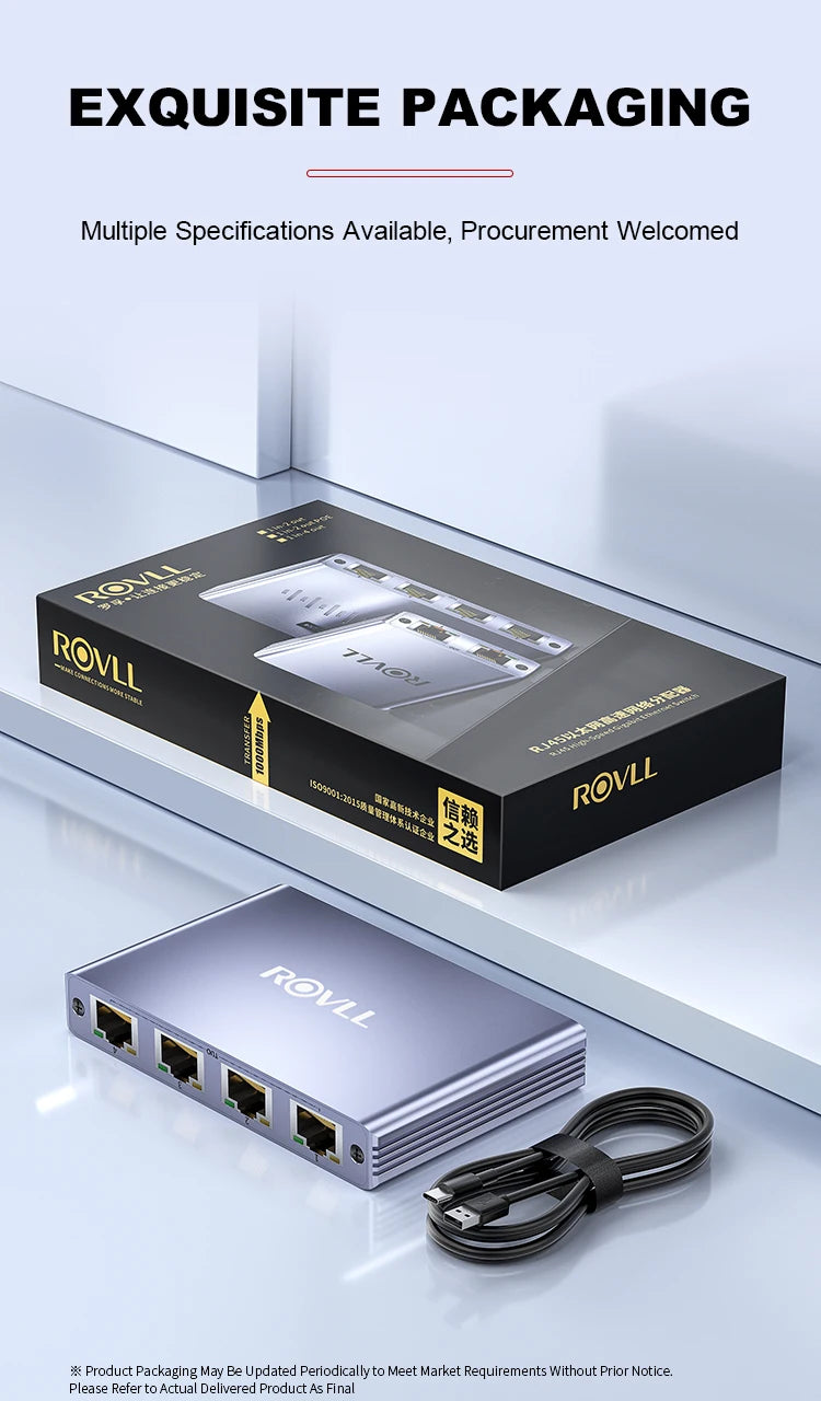 ROVLL Gigabit 1000Mbps RJ45 Ethernet Network Splitter 1 to 4 LAN Adapter Connector for PC Laptop TV Router Network Cable