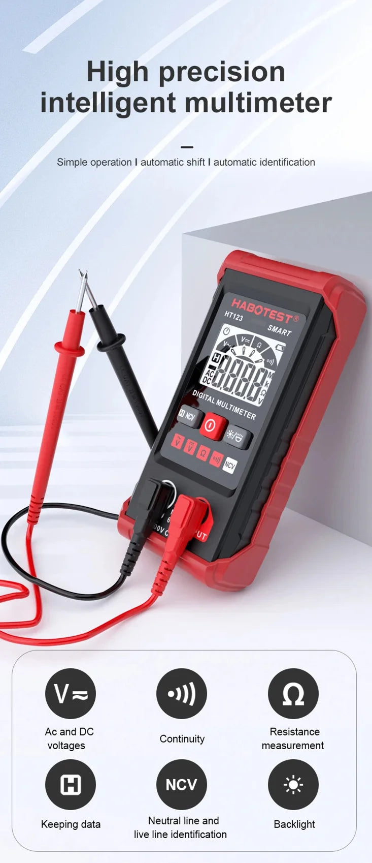 Smart Digital Multimeter Mini Voltmeter Ammeter High-precision Multimeter Auto Ranging AC DC Voltage Meter Tester with Backlight