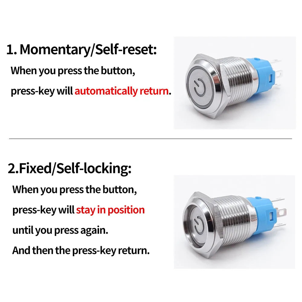 16/19/22mm Metal Push Button On Off Switch LED Light Momentary Latching Waterproof Flat Circular Button Silver Black 6v 12v 220v