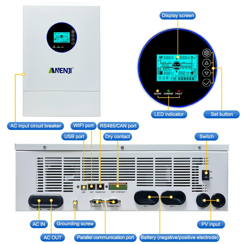 ANENJI Split Phase 12KW 48V Hybrid Solar Inverter Parallel Inverter Pure Sine 120V 220V On Grid MPPT 200A Solar Charger PV 500V