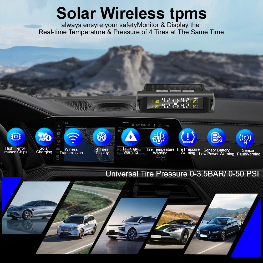 Tire Pressure Solar TPMS Car Tyre Pressure Monitoring System Solar Power Auto Security Alarm Systems Power External Sensor Auto Accessories Universal