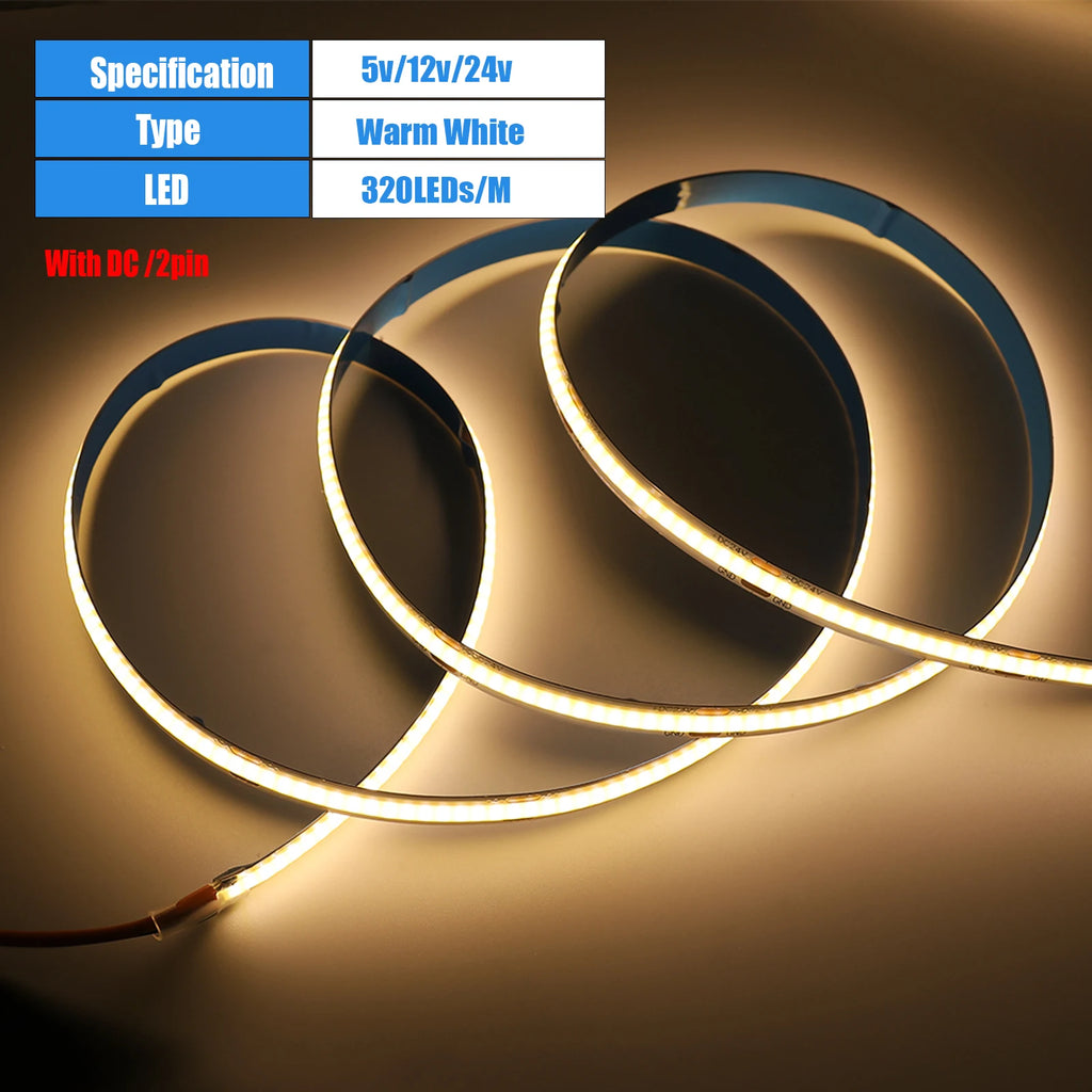 DC 5V/12V/24V COB LED Strip 3MM 5MM 8MM 320Leds/M High Density Flexible COB LED Tape Light For Cabinet Home Linear Lighting