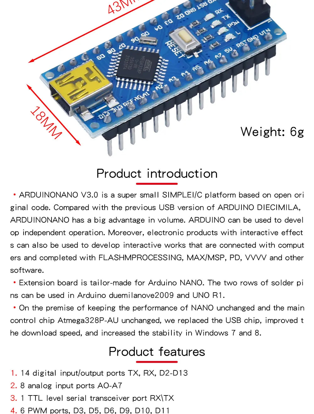 WAVGAT Nano 3.0 Arduino Board with Bootloader, CH340 USB Driver, ATMEGA328P MCU 16Mhz - Compatible with Arduino Nano Projects