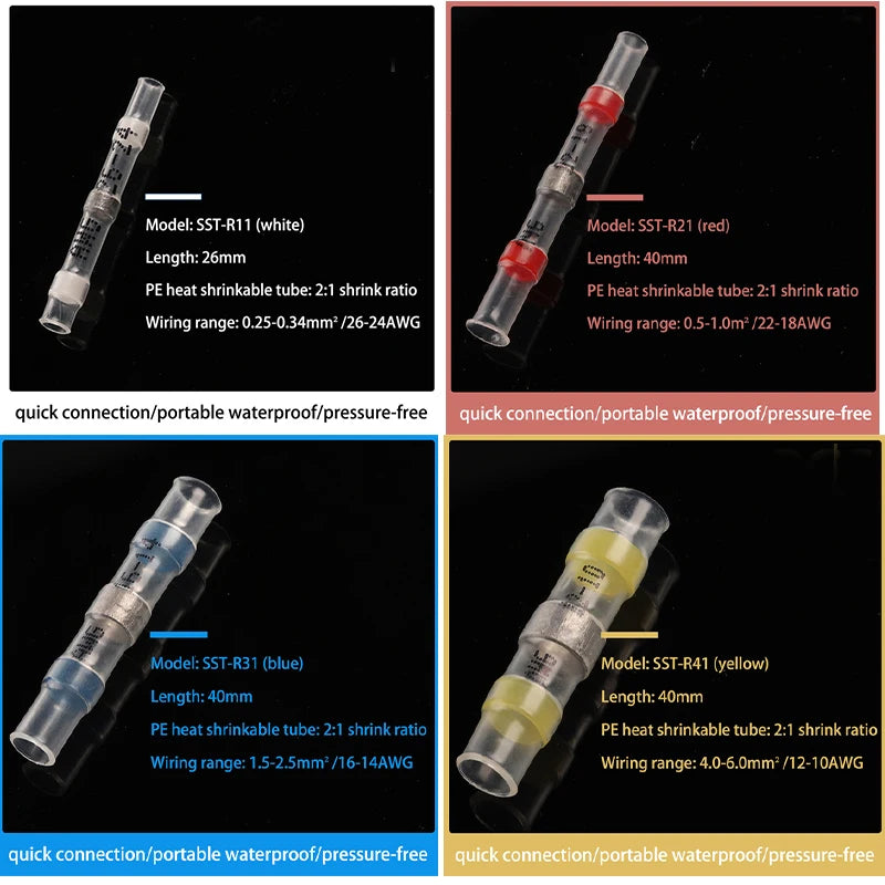 50/100/120/150/250/400Pcs Boxed Heat Shrink Tin Butt Connectors Waterproof Solder Seal Sleeve Splice Terminals 26-10AWG 0.25-6mm