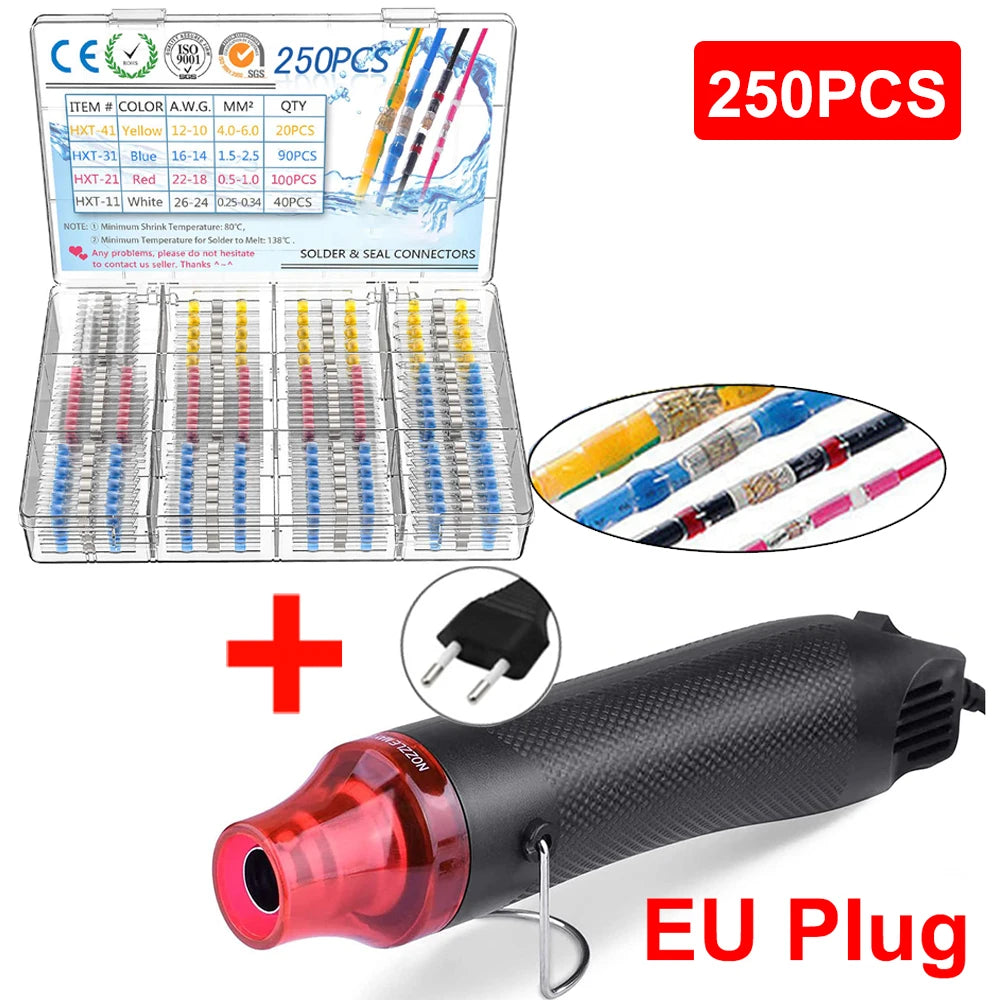 640/250PCS Waterproof Heat Shrink Butt Crimp Terminals Solder Seal Electrical Wire Cable Splice Terminal Kit with Hot Air Gun
