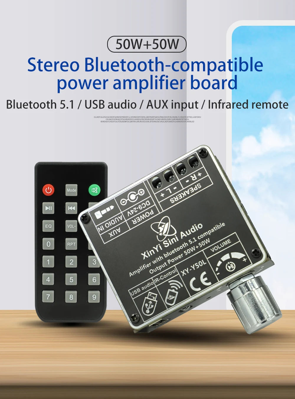 XY-Y50L Stereo BT Bluetooth-Compatible 5.1 AUX USB Audio Digital Power Amplifier Board Module 50W+50W Infrared Remote Control