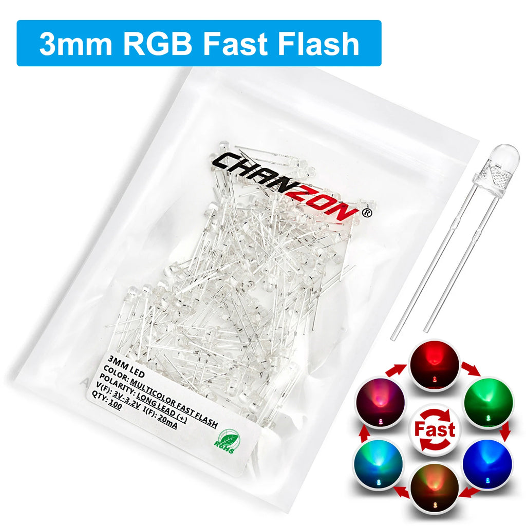 100Pcs 3mm 5mm Led Diode Flashing White Red Green Blue Yellow RGB Fast Slow Flash Diffused Clear Color Changing Light Emitting