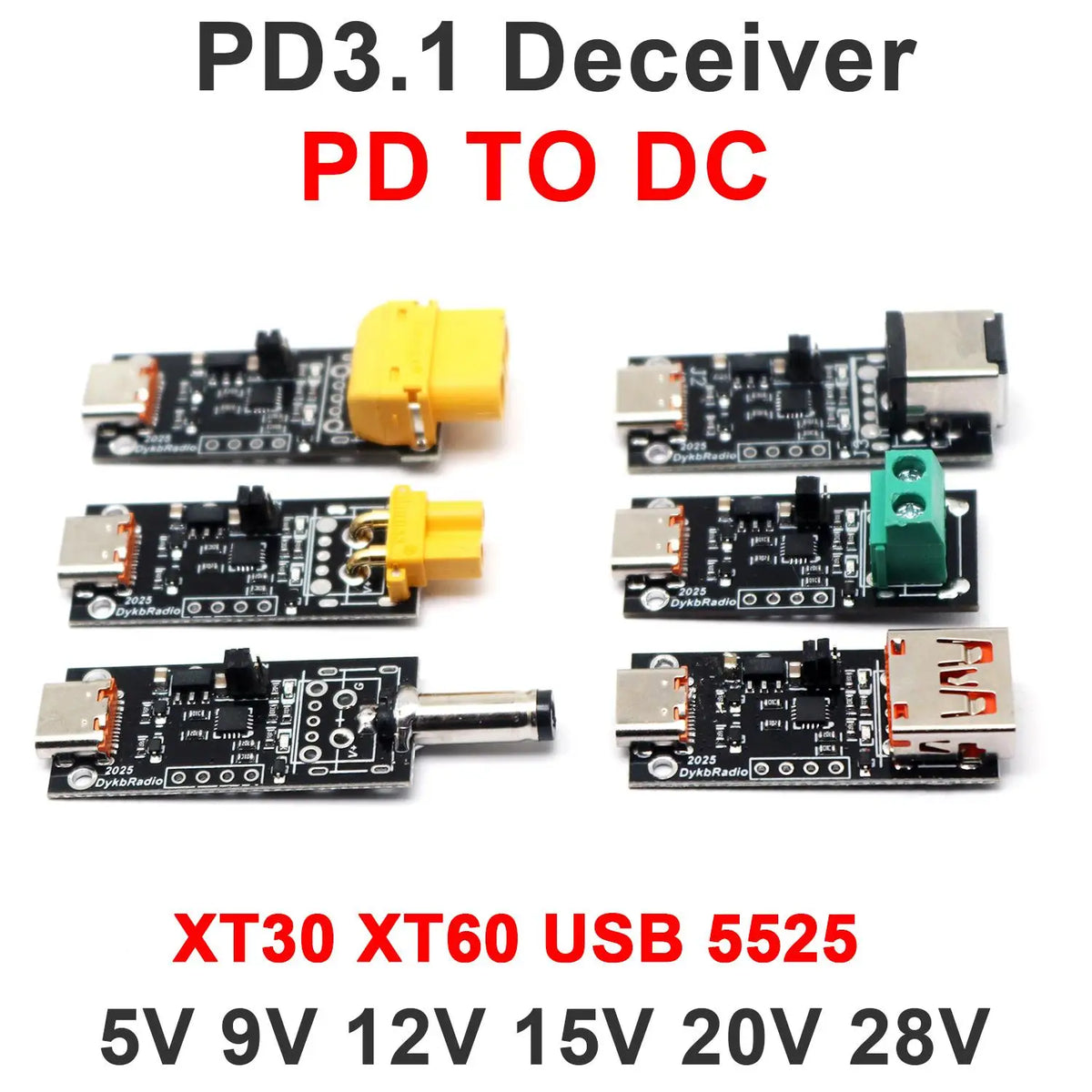 PD3.1 Decoy Fast Charging 28V 20V 15V 12V 9V 5V Voltage Trigger QC PD TO DC XT30 XT60 USB Power Delivery Model Aircraft Charger