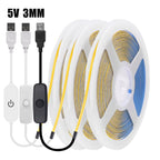 USB 3mm COB LED Strip Light 5V Flexible LED Tape with Dimmer/ON OFF Switch 320LEDs High Density Linear Lighting Backlight Decor
