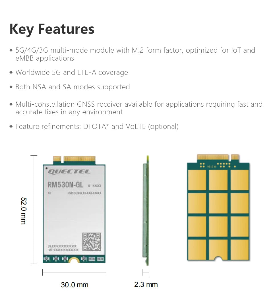 Original Quectel RM530N-GL 5G 4G 3G LTE-A Multi-mode Sub-6G MMWave M.2 Module Multi-constellation GNSS Receiver 3GPP R16