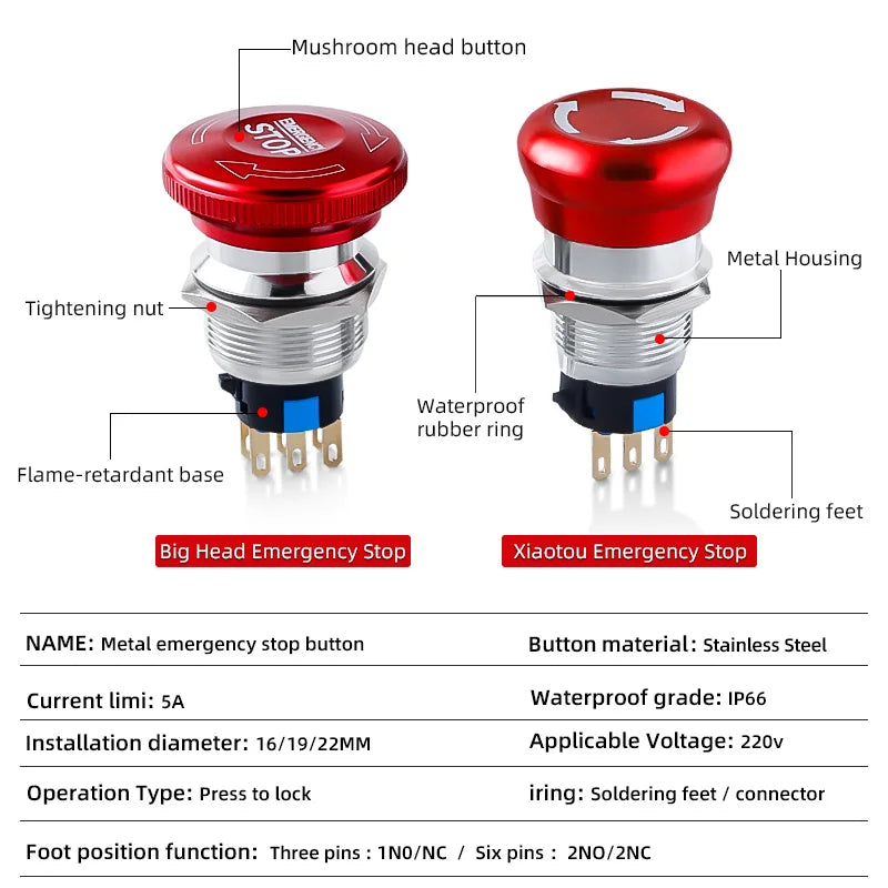 Metal Emergency Stop Button Switch 16/19/22mm Mushroom head Waterproof Stainless steel  Press Rotary Power off STOP 1NO1NC2NO2NC