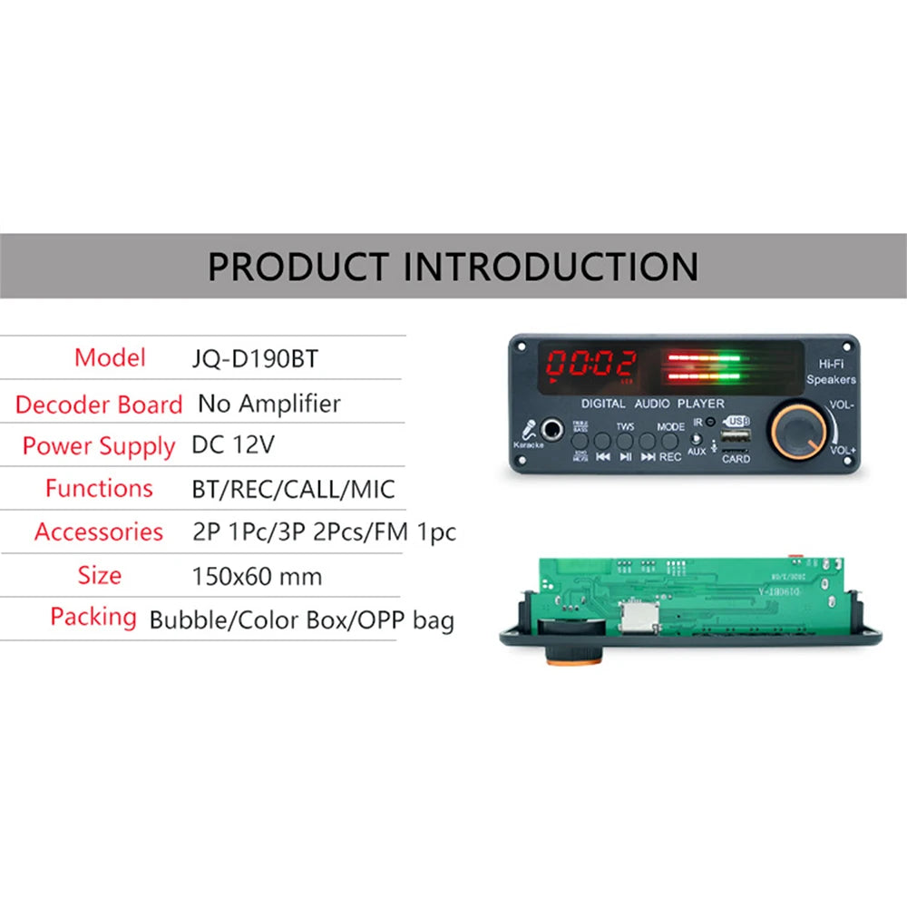 DC12V MP3 WMA WAV Decoder Board Bluetooth 5.3 Handsfree Car Audio Microphone USB TF FM DIY Music Player