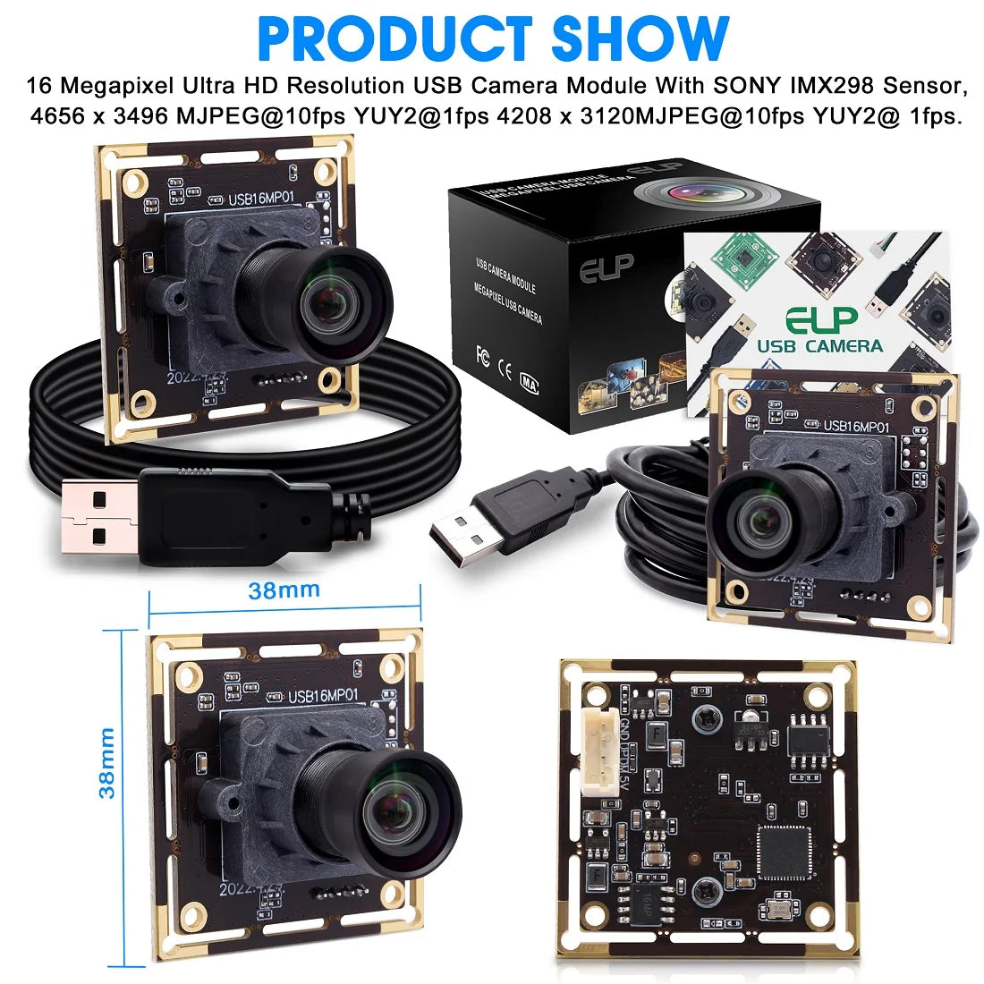 ELP 16MP Mini Webcam IMX298 Color Sensor HD USB Camera Module 4656x3496 Embedded Camera for PC Laptop Computer