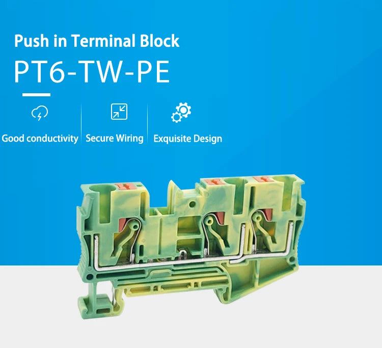 PT6-TW-PE Push-in Ground Terminals 6mm 1-in 2-out Din Rail Terminal Block Earthing Cable Connector Electrical PT 6-TWIN-PE