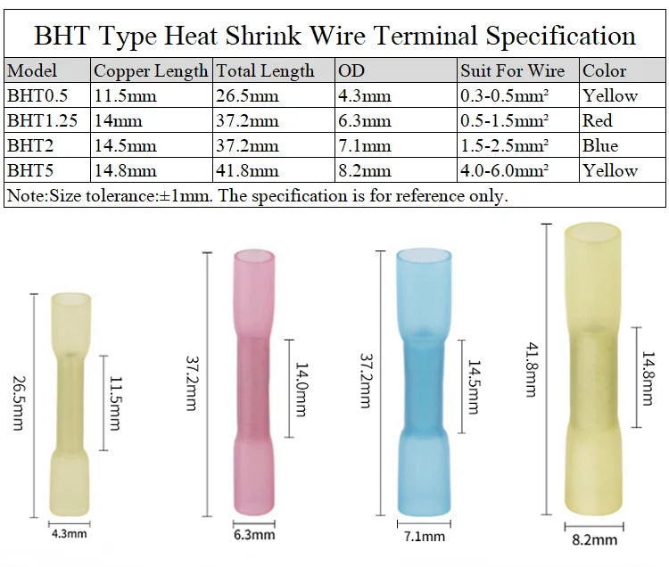 10/100Pcs Heat Shrinkable Cable Terminal Tube BHT0.5 BHT1.25 BHT2 BHT5 AWG22-10 Waterproof Butt Crimp Copper Insulated Connector
