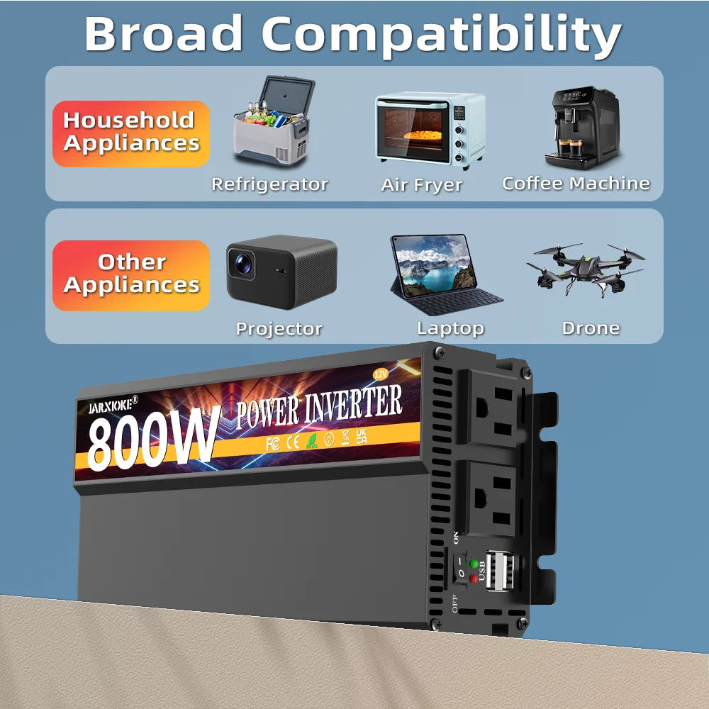 800W Rated Power Inverter 2000W Peak DC 12V To AC 110V-130V with USB High Performance and Portable Power Inverter with Multiple Device Charging for Car RV Boat Adapter for Phone