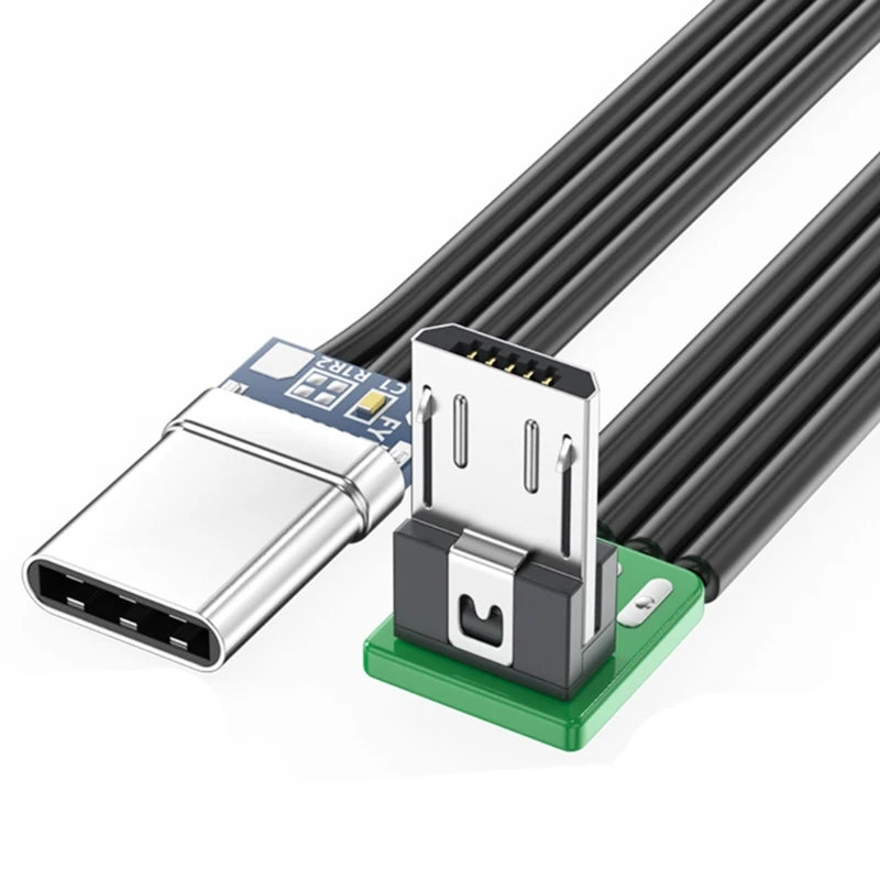 Short FFC USBC Flat Thin Ribbon FPC Cable USB TypeC 90 Degree to MicroUSB for Data and Charging
