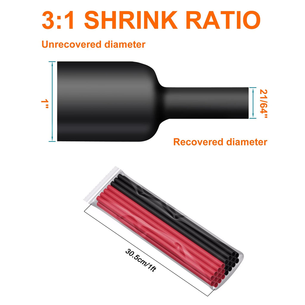 30.5cm/1ft Φ1.6mm to Φ50m 3:1 Ratio Heat Shrink Tubing 22pcs Dual Wall Adhesive Lined Shrinkable Wire Wrap Tube Waterproof Black