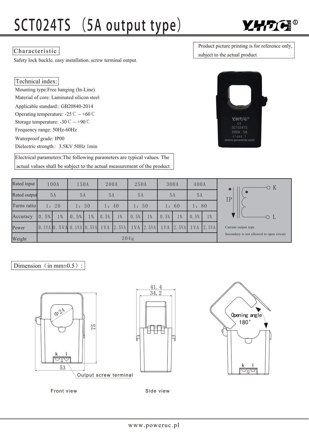 YHDC SCT024TS Input 50A/100A/150A/200A/250A/300A/400A Sensor Output 1A/5A Accuracy 0.5%/1% Split Core Current Transformer